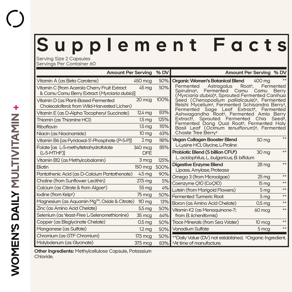 Codeage Women's Daily Multivitamin label back detailing vegan, gluten-free ingredients