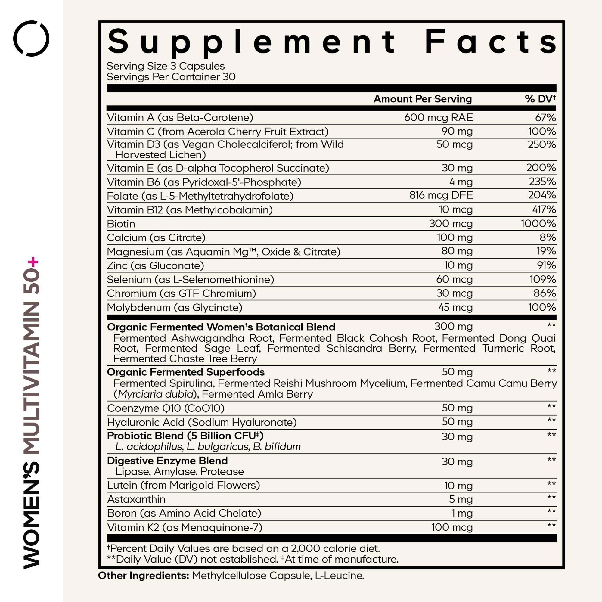 Codeage Women’s Multivitamin 50+ capsules closeup highlighting nutrients.