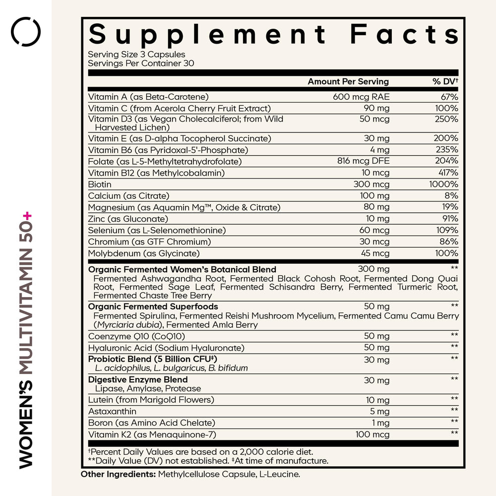 Codeage Women’s Multivitamin 50+ capsules closeup highlighting nutrients.