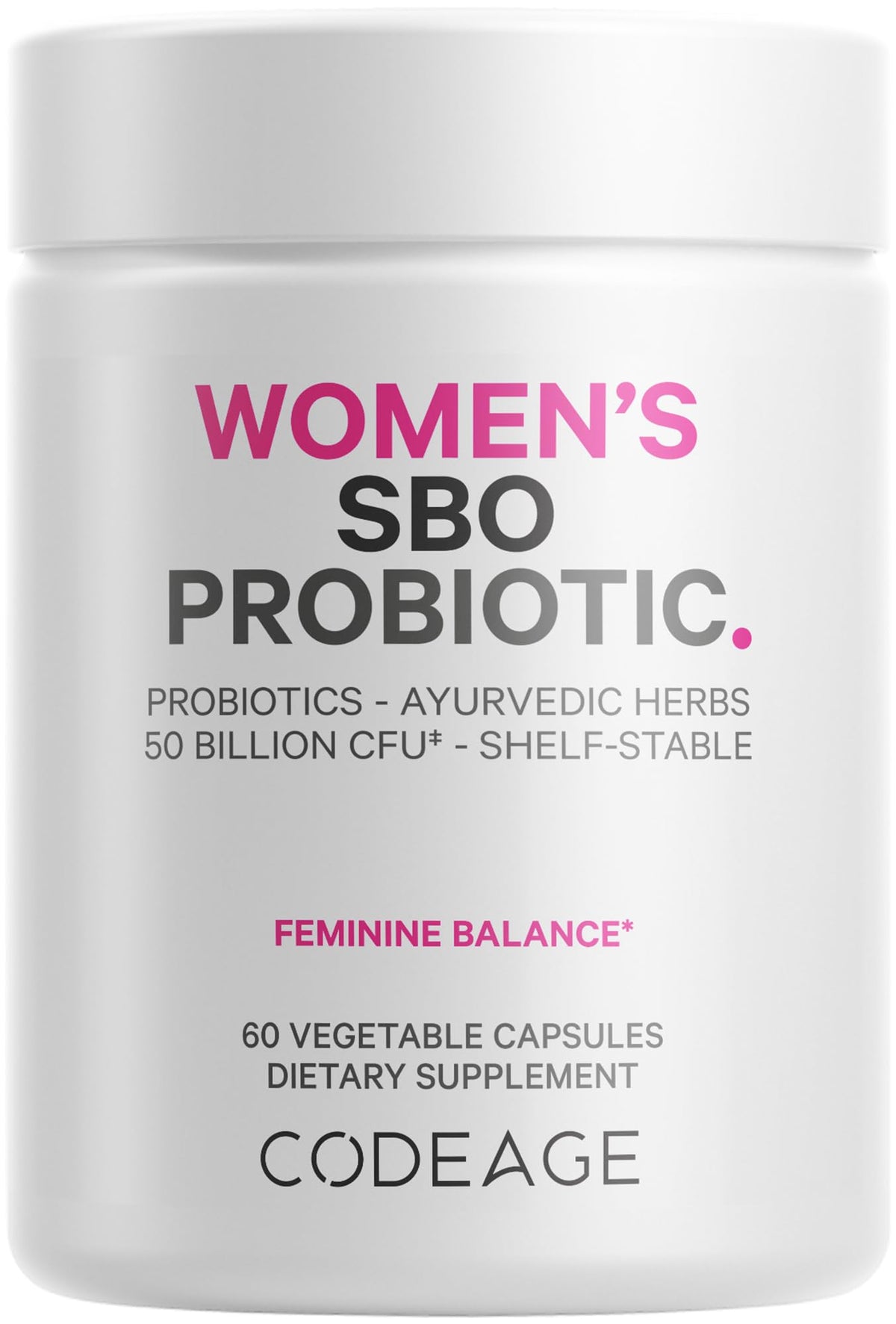 Codeage Women's SBO Probiotic bottle front view supports daily gut balance with 50B CFUs.