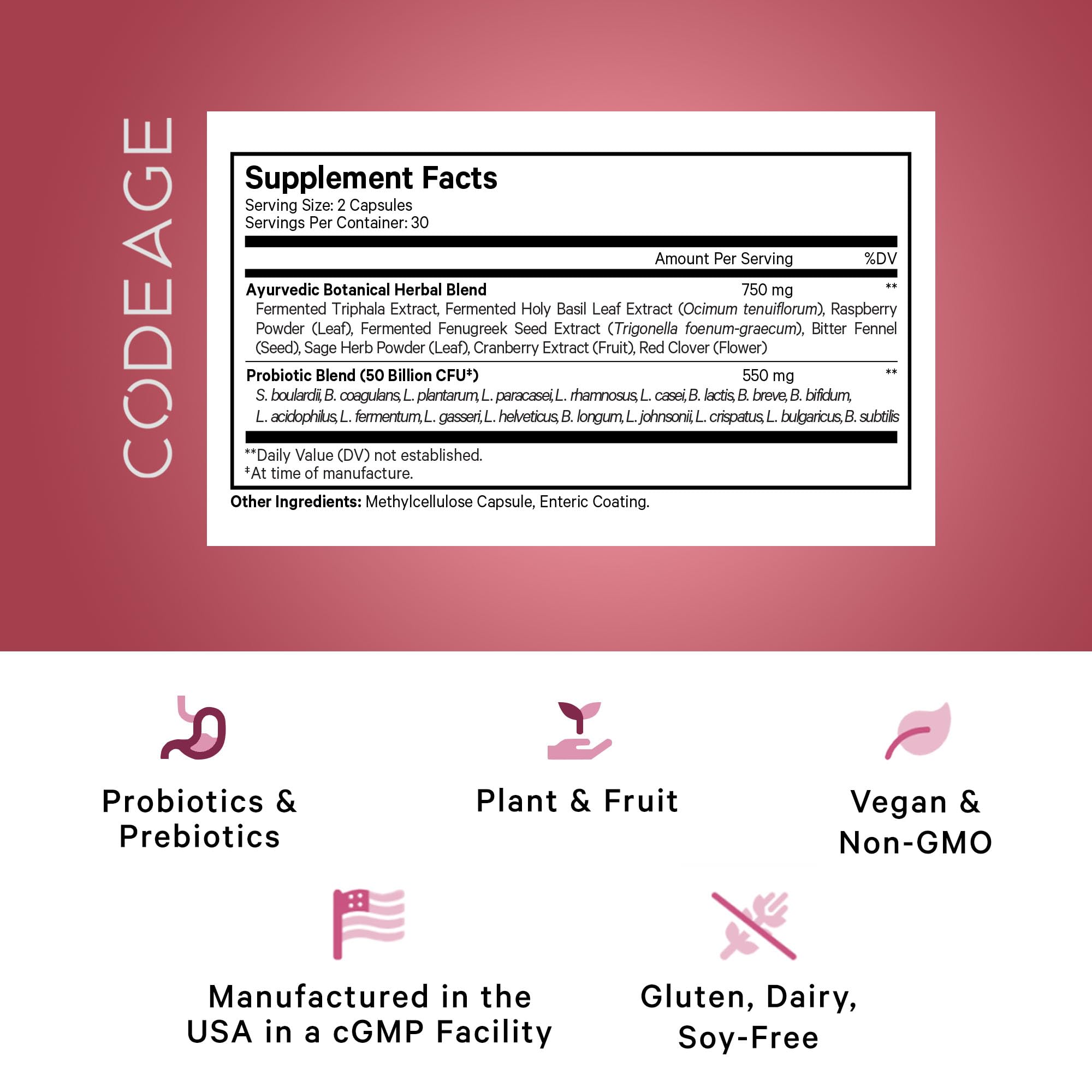 Codeage Women's SBO Probiotic bottle label highlights 18 strains for diverse gut support.