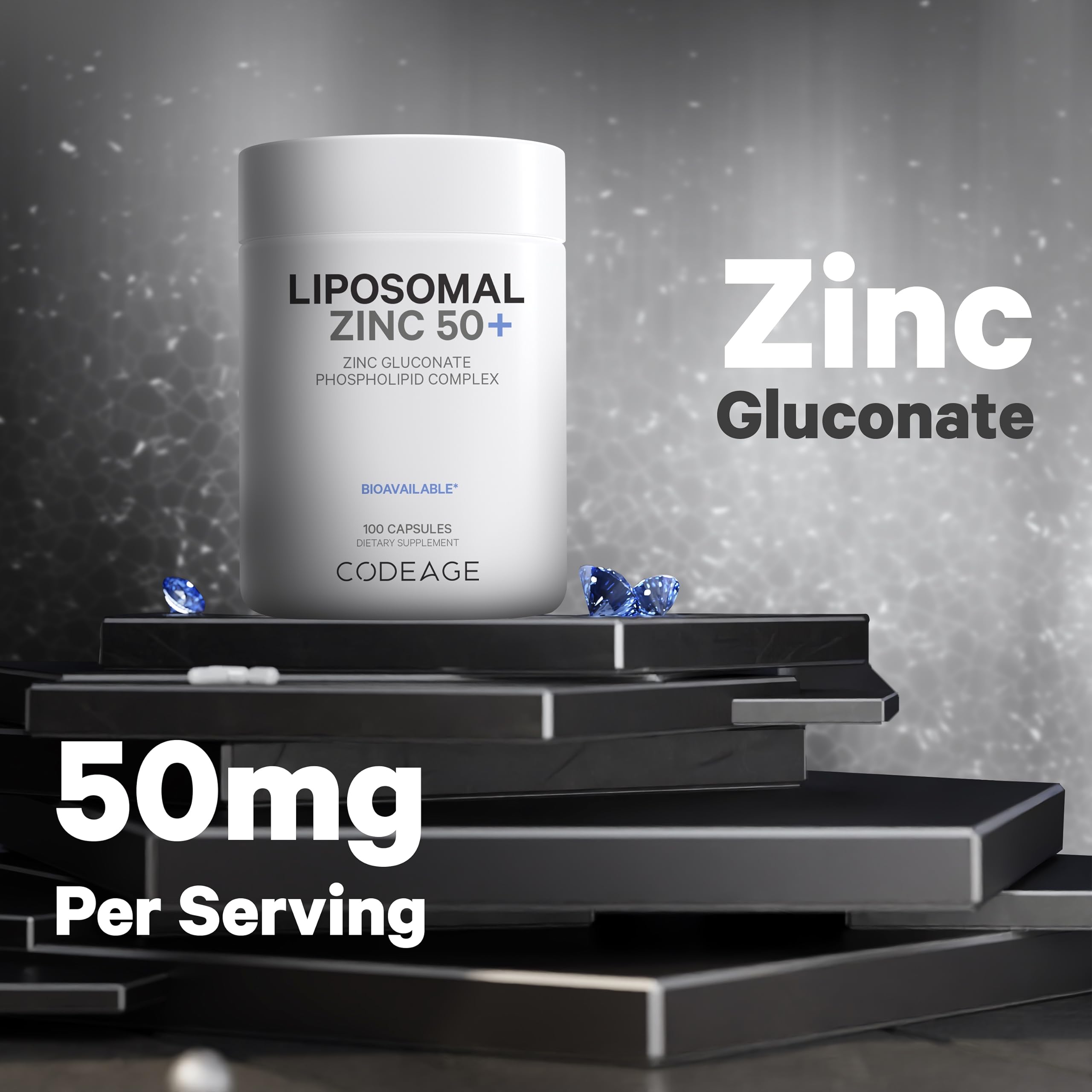 Codeage Zinc Gluconate 50mg pills highlighting zinc content.