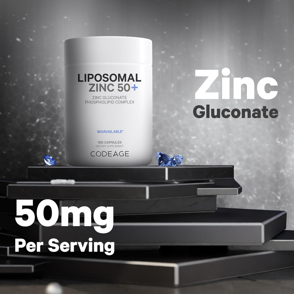 Codeage Zinc Gluconate 50mg pills highlighting zinc content.