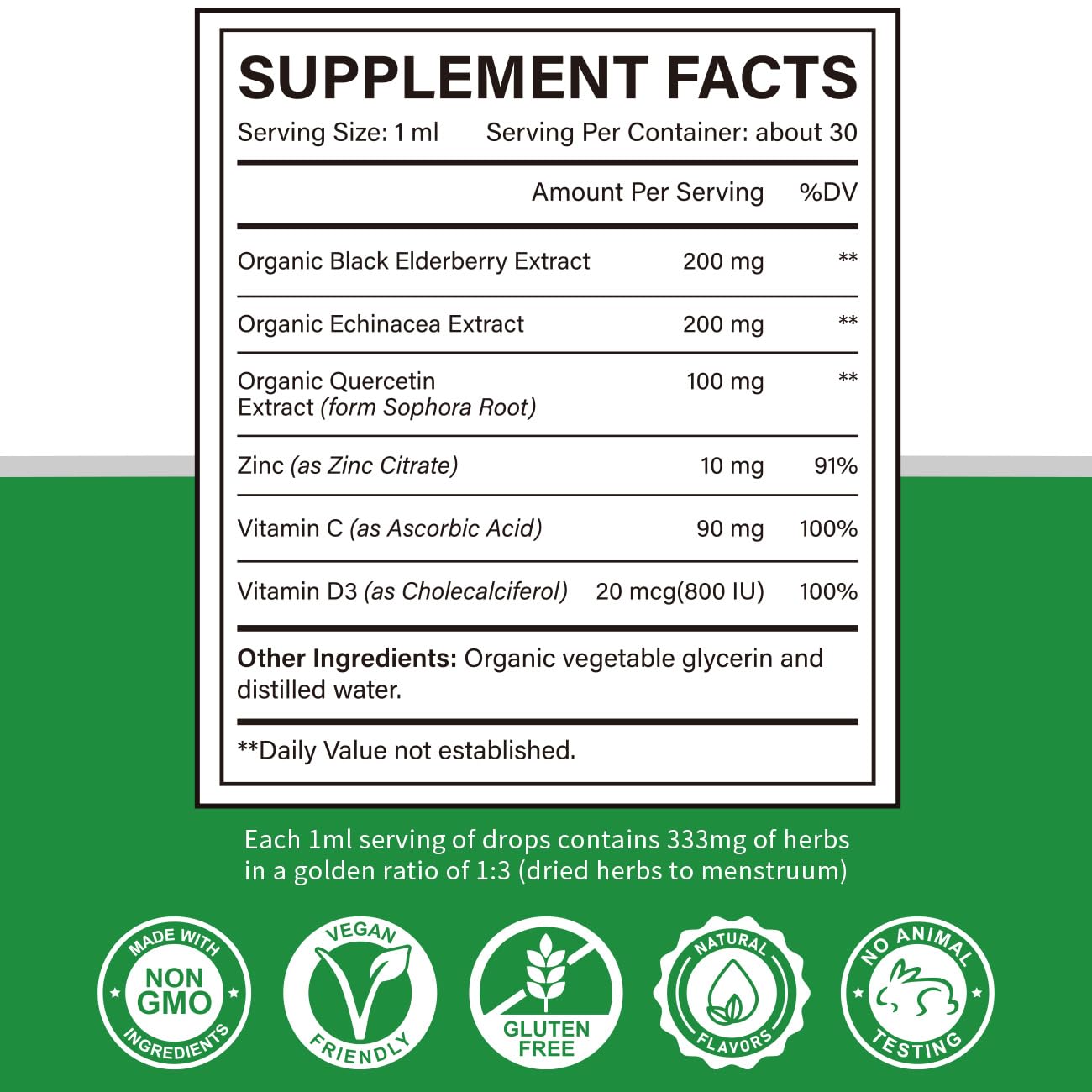 Cofure organic elderberry and echinacea ingredients in a natural liquid blend.