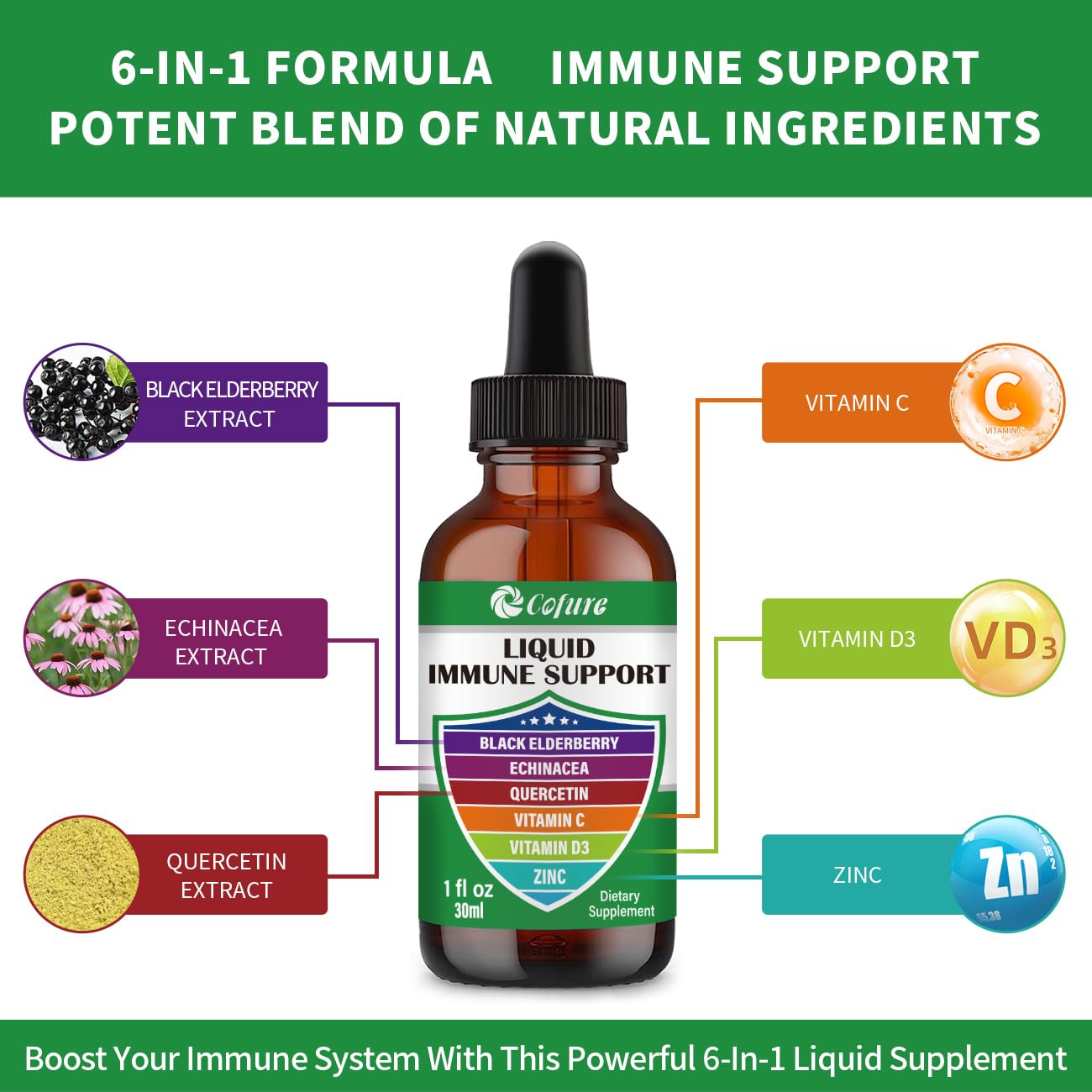 Cofure zinc quercetin vitamin C D3 liquid with high absorption.