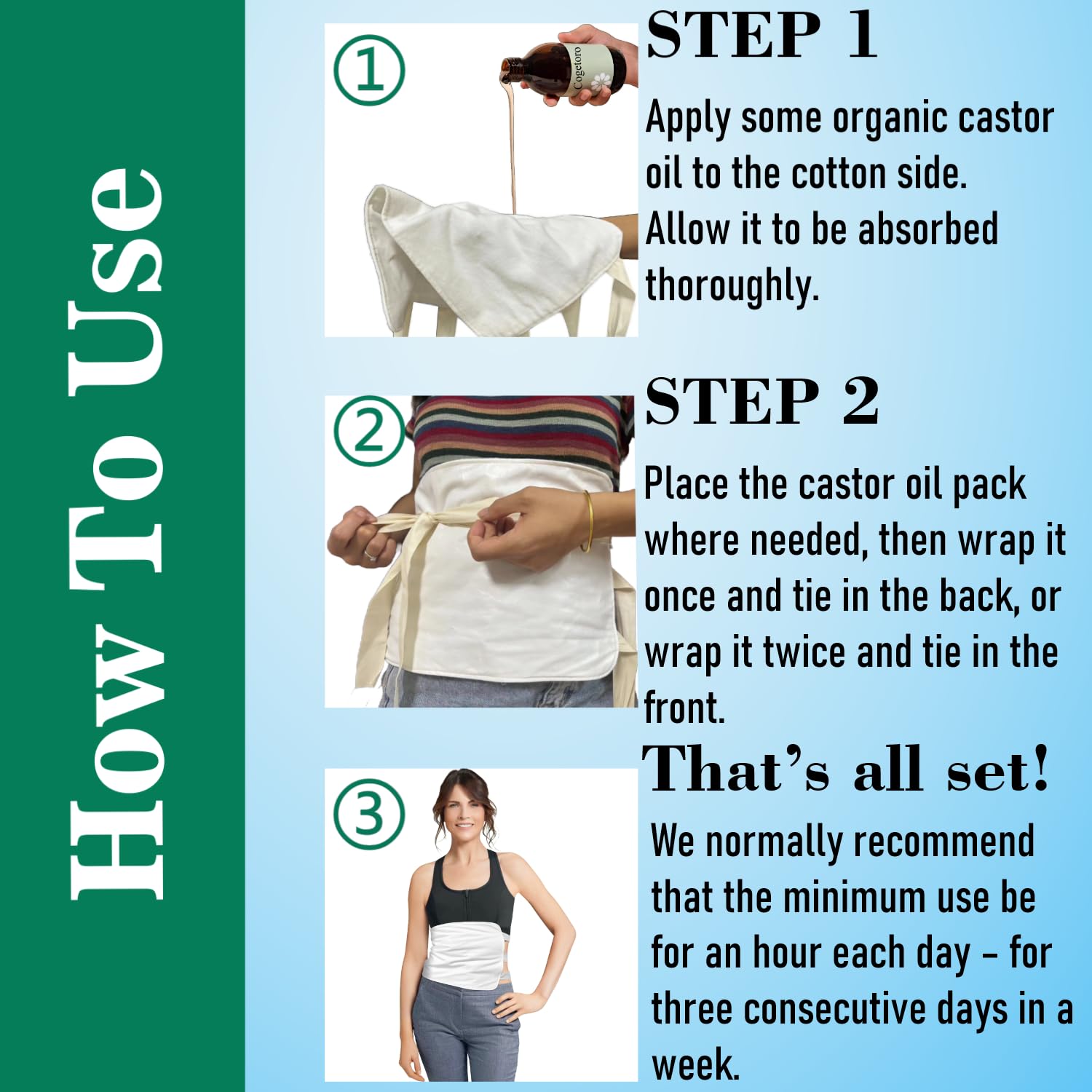 Cogetoro Castor Oil Pack Wrap leak-proof outer layer in action