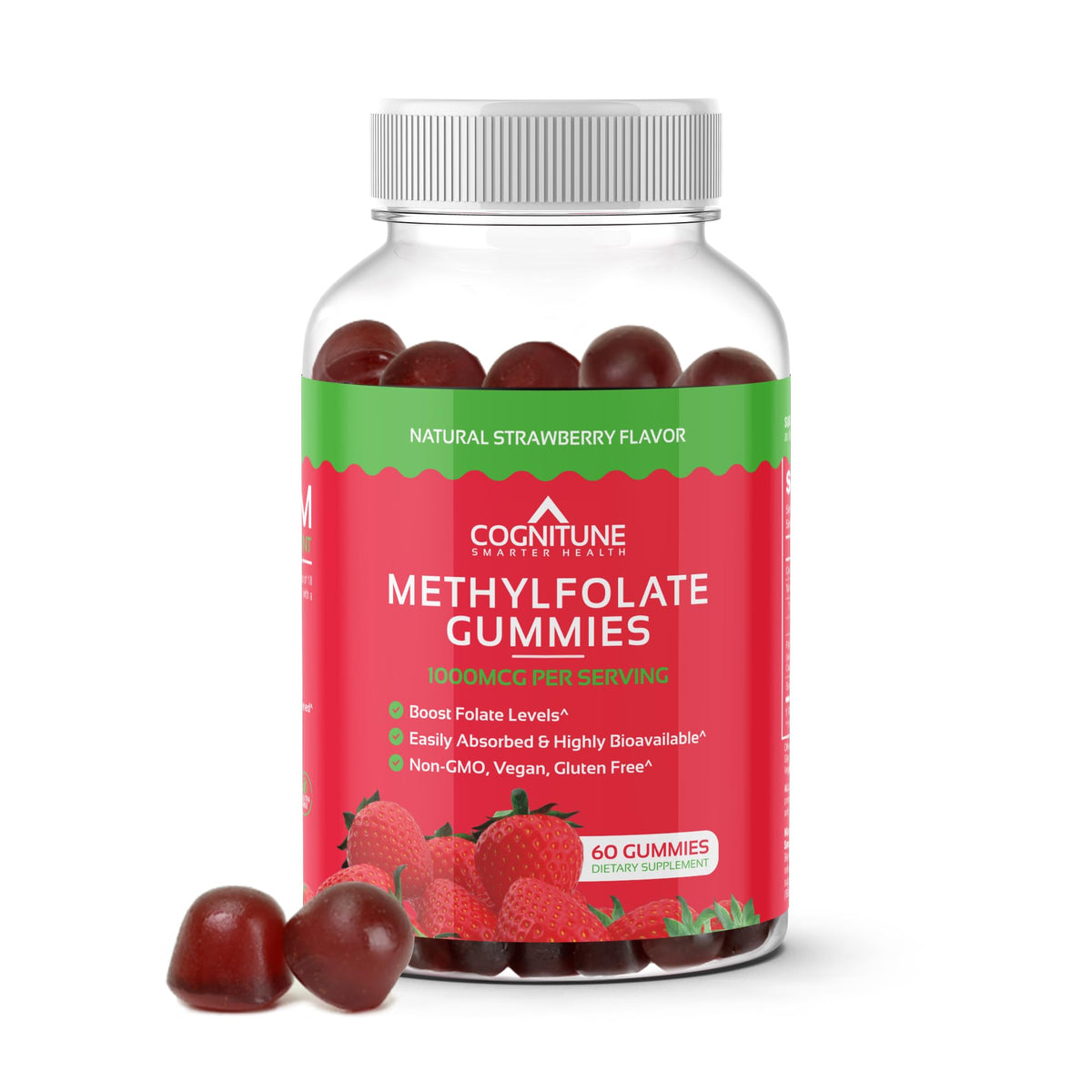 CogniTune Methylfolate Gummies bottle with strawberry flavor supports daily brain wellness.