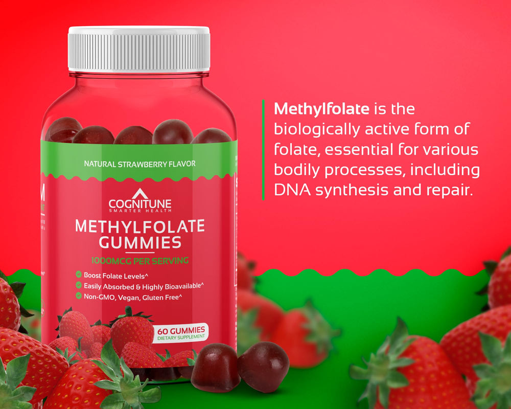 CogniTune Methylfolate Gummies jar interior reveals easy dosing and soft strawberry gummies.