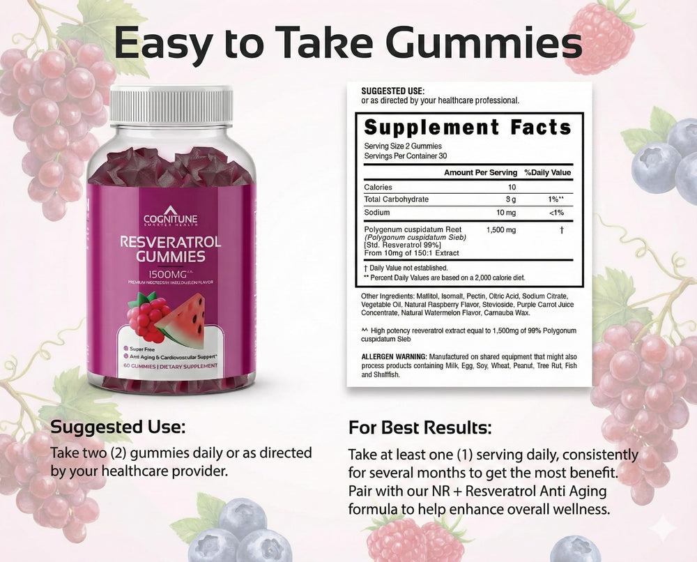 Ingredient label on CogniTune gummies highlighting vegan, non-GMO and gluten-free benefits.