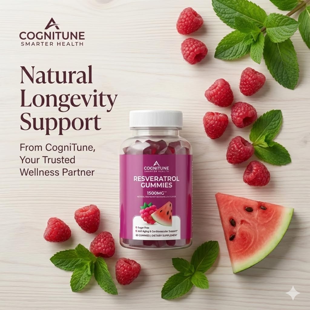 Vegan and sugar-free CogniTune gummies promoting a guilt-free daily antioxidant routine.