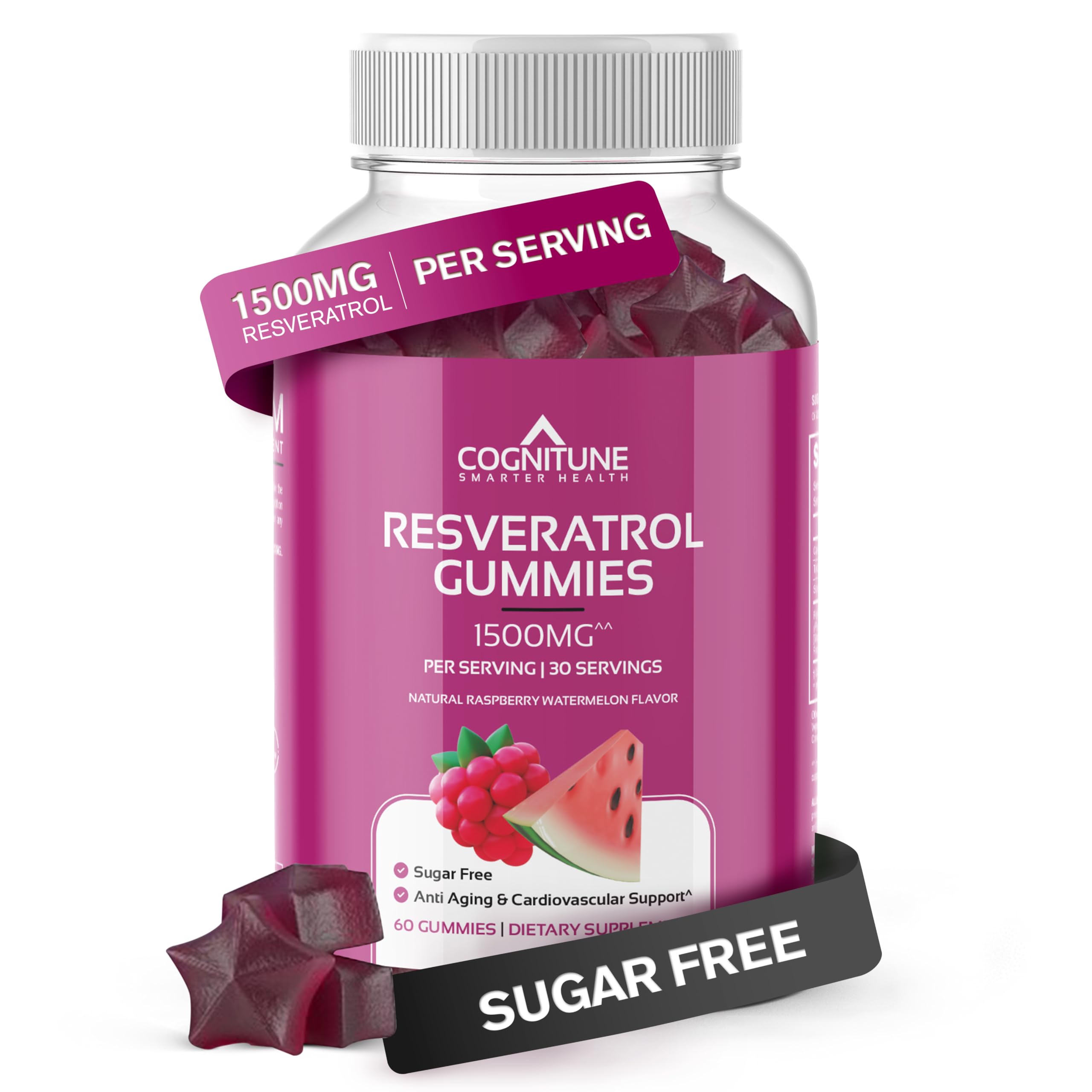 CogniTune Resveratrol gummies bottle with raspberry-watermelon flavor for daily antioxidant support.