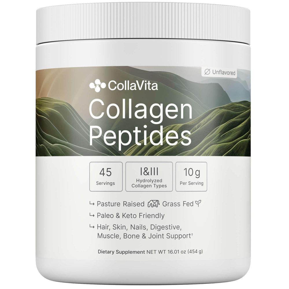 Colla Vita collagen peptides powder bottle ready to mix for joints and skin support.