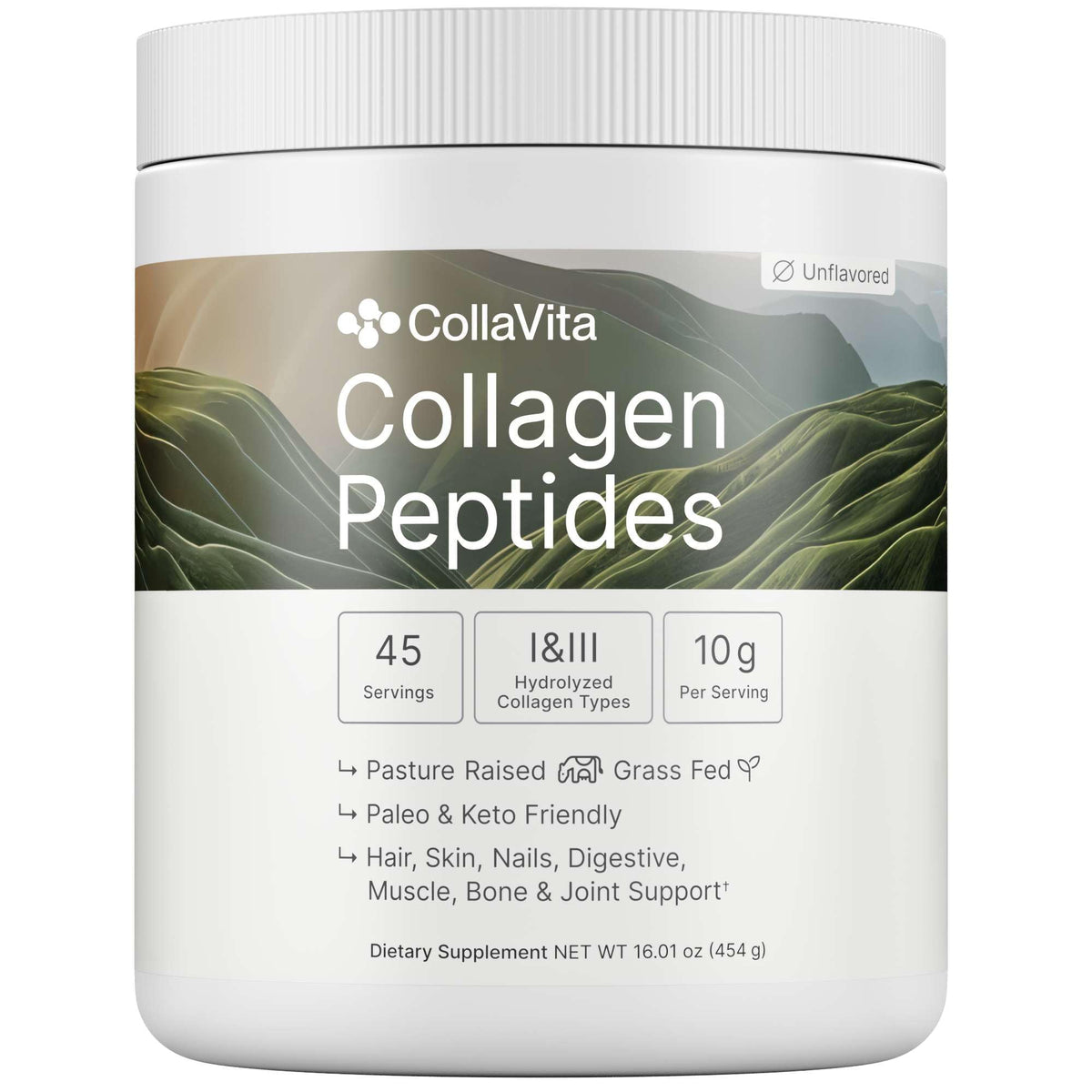 Colla Vita collagen peptides powder bottle ready to mix for joints and skin support.