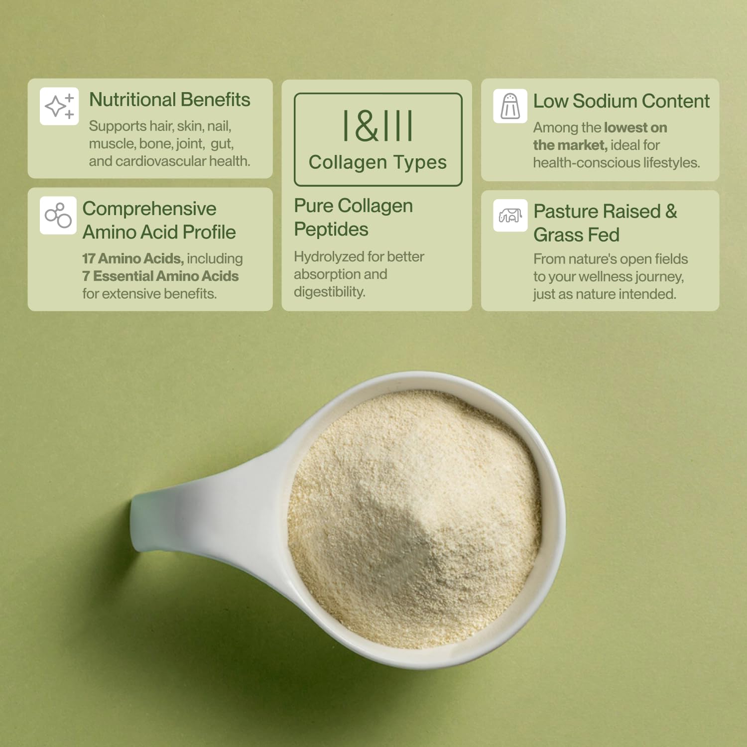 Colla Vita collagen peptides powder scoop beside jar for easy daily measurement