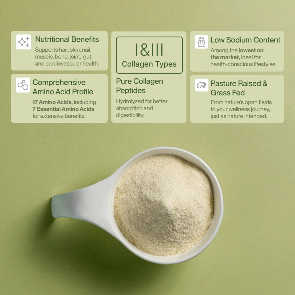 Colla Vita collagen peptides powder scoop beside jar for easy daily measurement