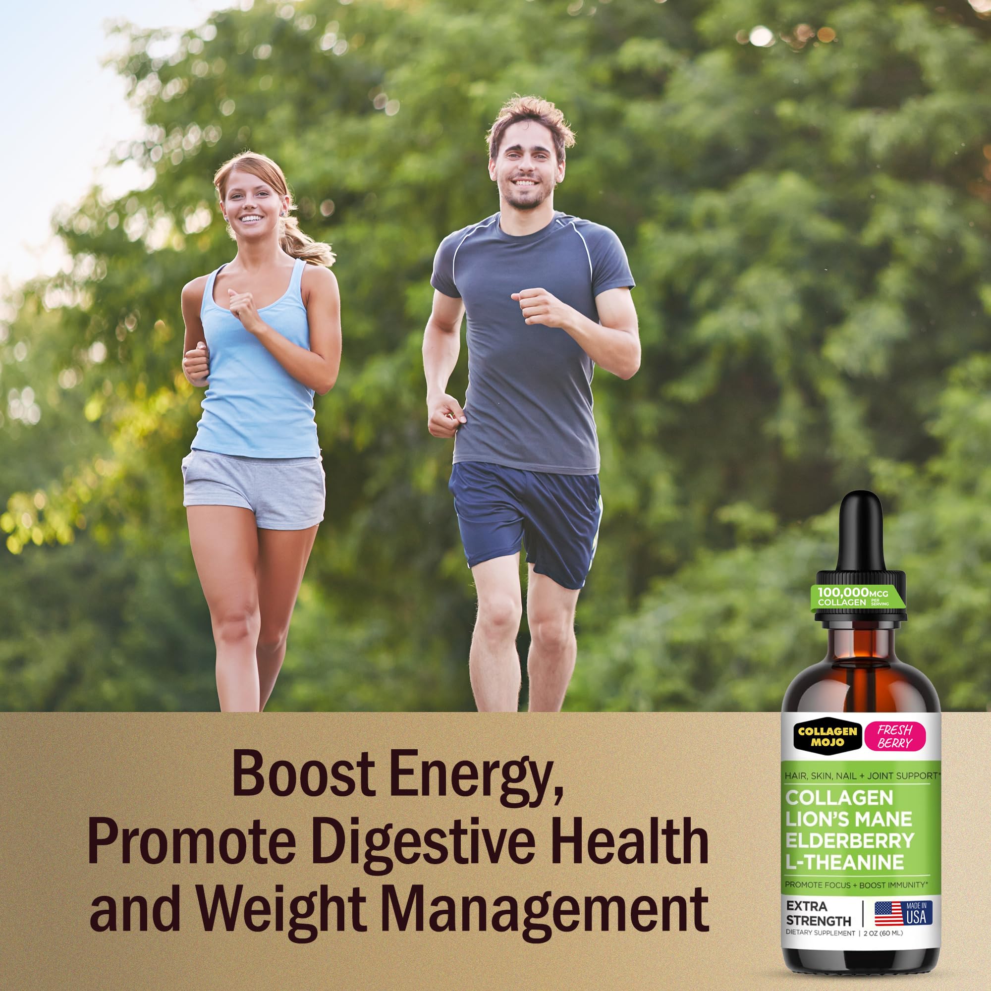 Collagen Mojo bottle with glass suggests easy daily routine