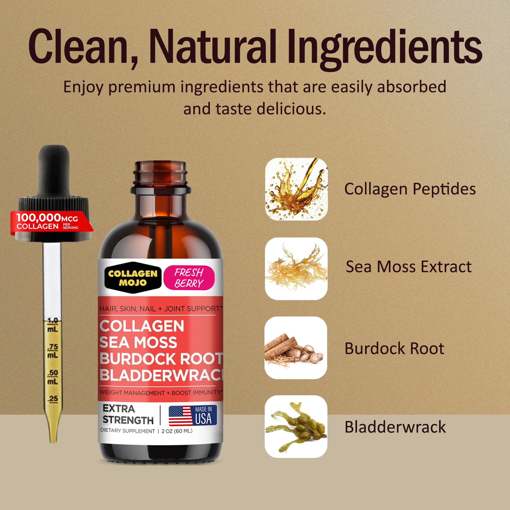Collagen Mojo dropper dispensing berry-flavored liquid for skin and joint care.