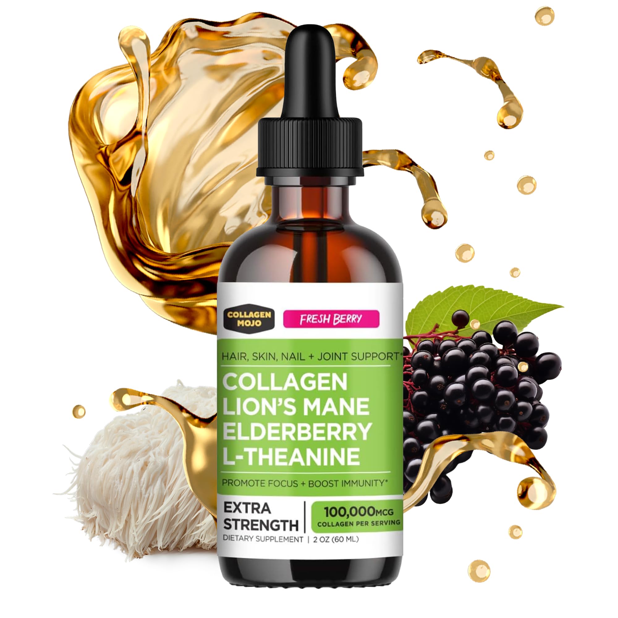 Collagen Mojo liquid collagen bottle demonstrates premium formula for skin, hair, joints