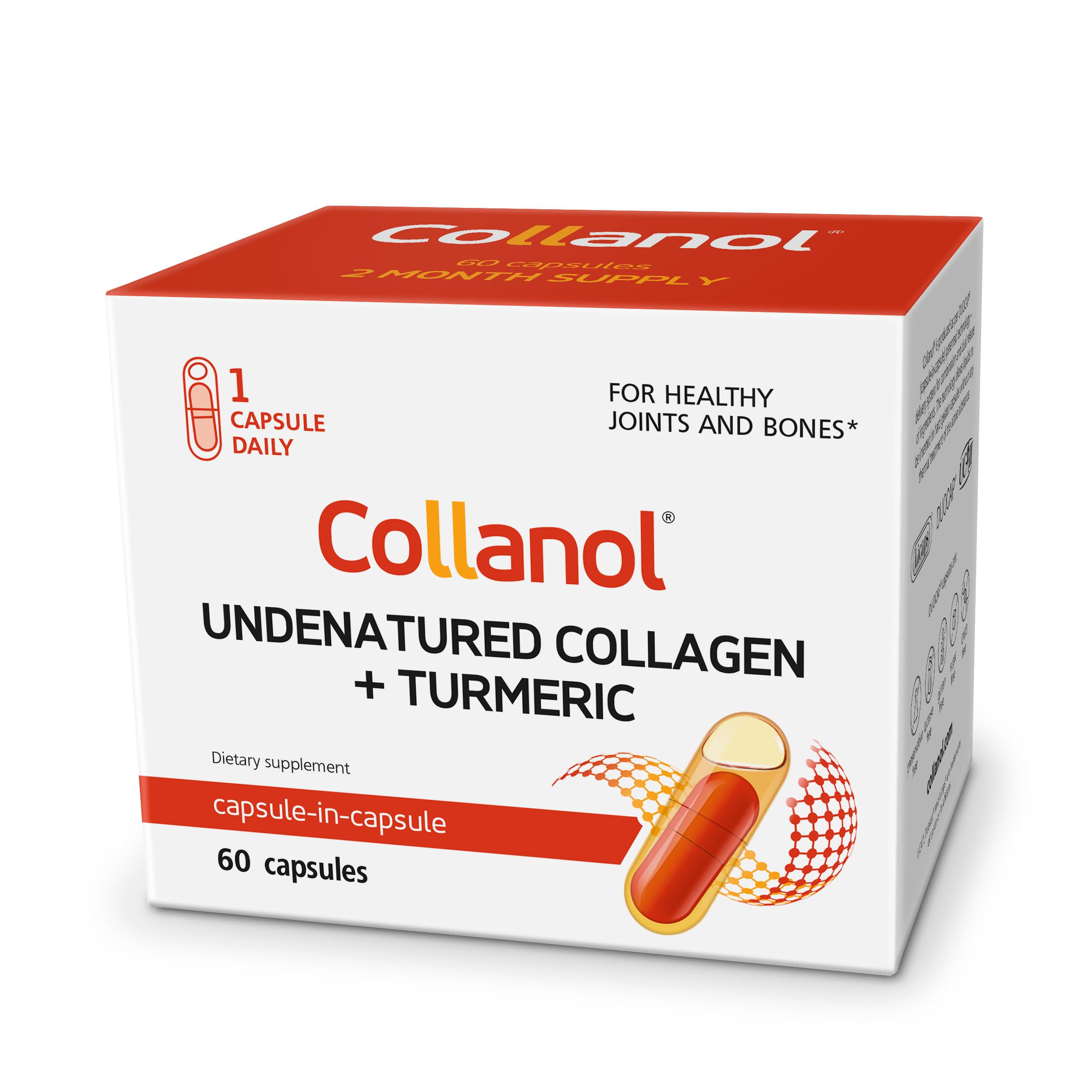 Collanol bottle front label highlights 3D collagen and micelle turmeric for joint wellness