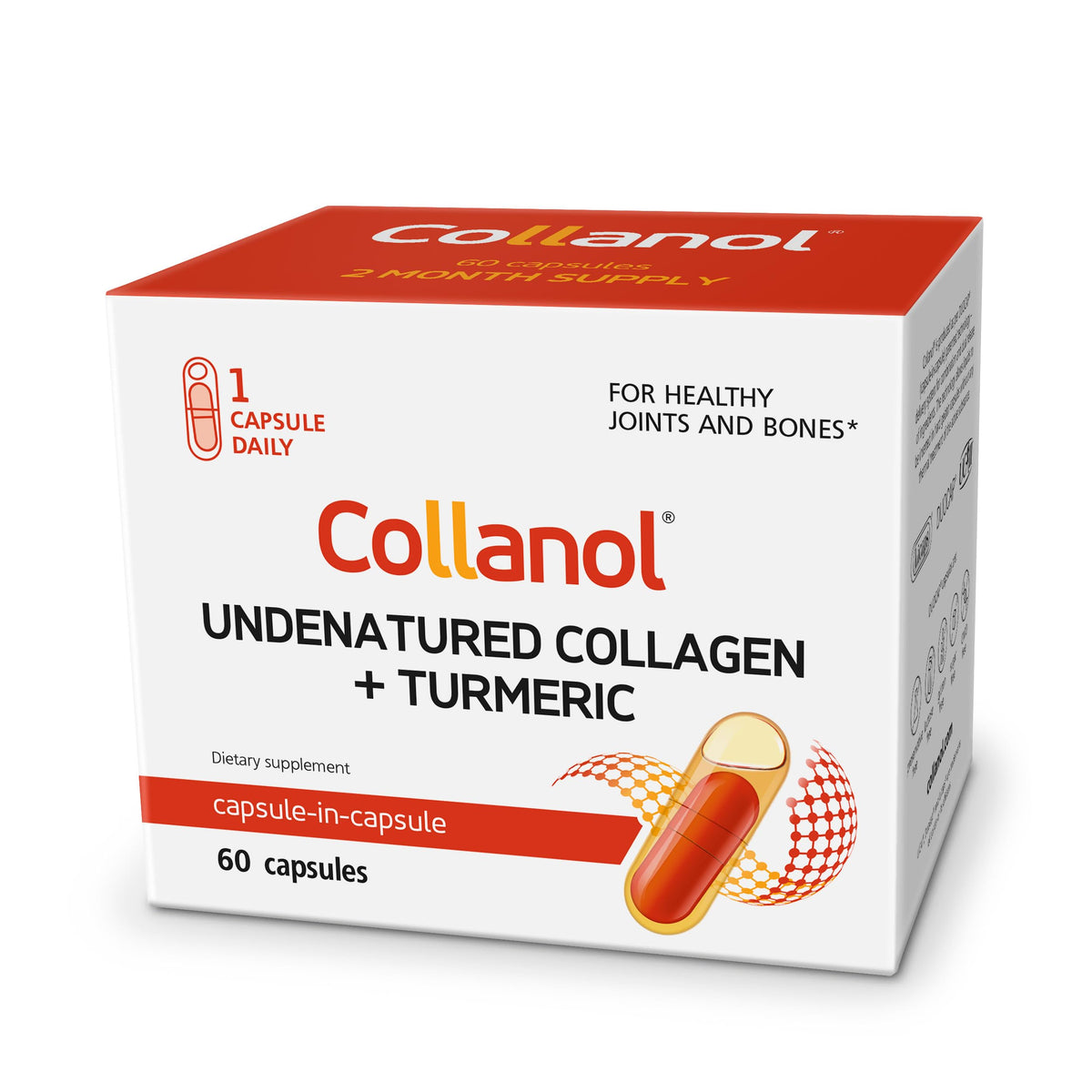 Collanol bottle front label highlights 3D collagen and micelle turmeric for joint wellness