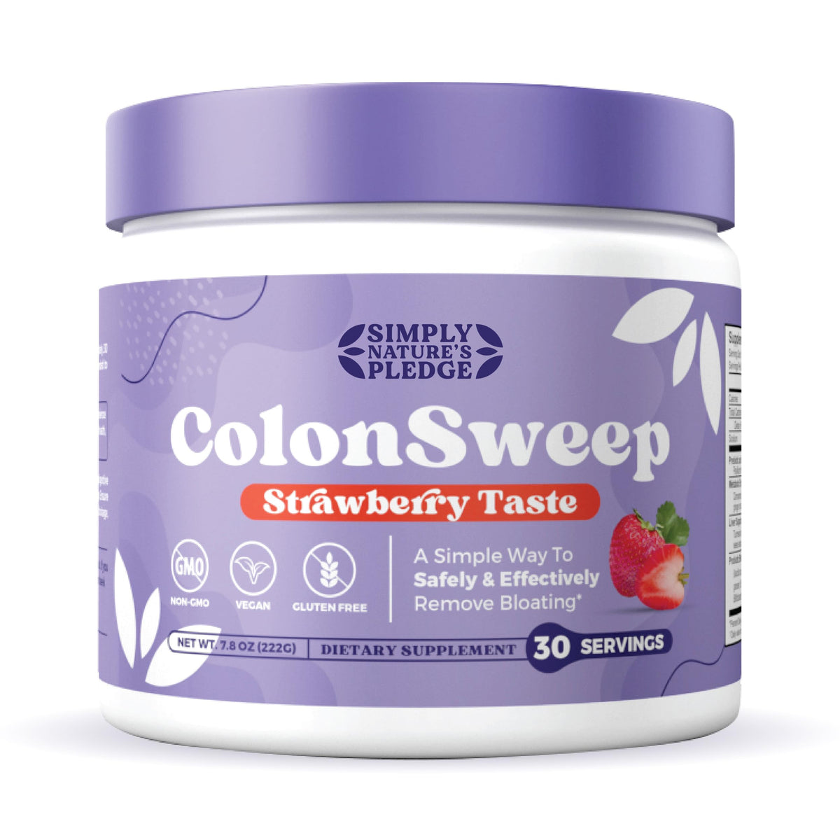 COLON SWEEP bottle with strawberry label showing a fiber-rich gut support product.