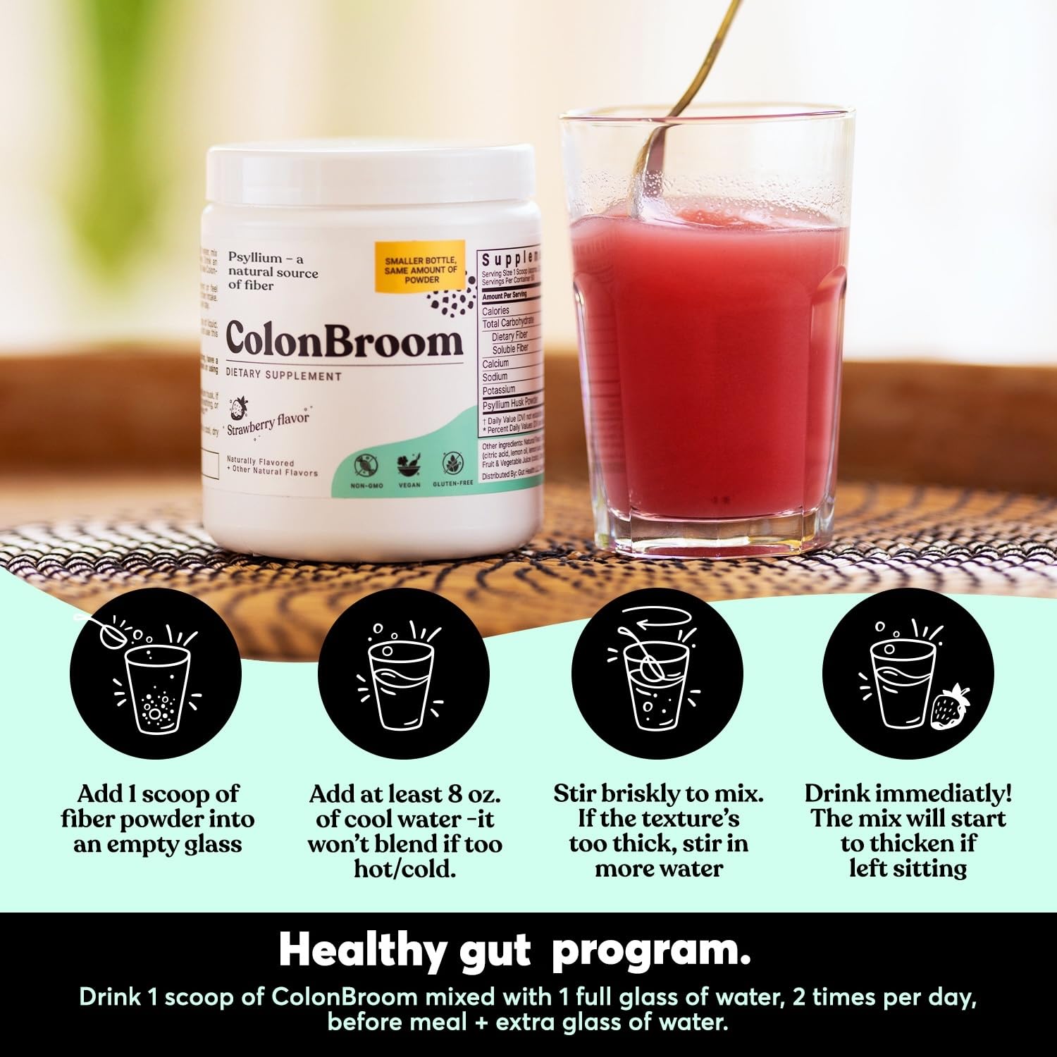 ColonBroom bottle front showing branding and strawberry flavor