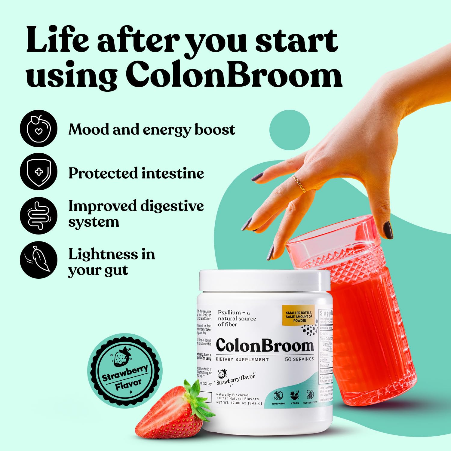 ColonBroom digestive shake glass showing a refreshing fiber drink