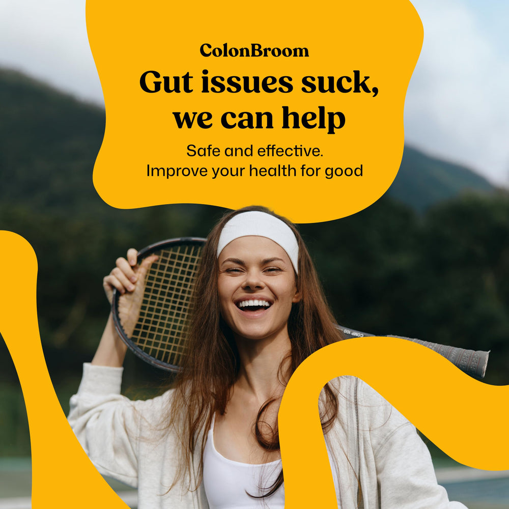 ColonBroom gluten-free label on packaging highlighting non-GMO formulation.