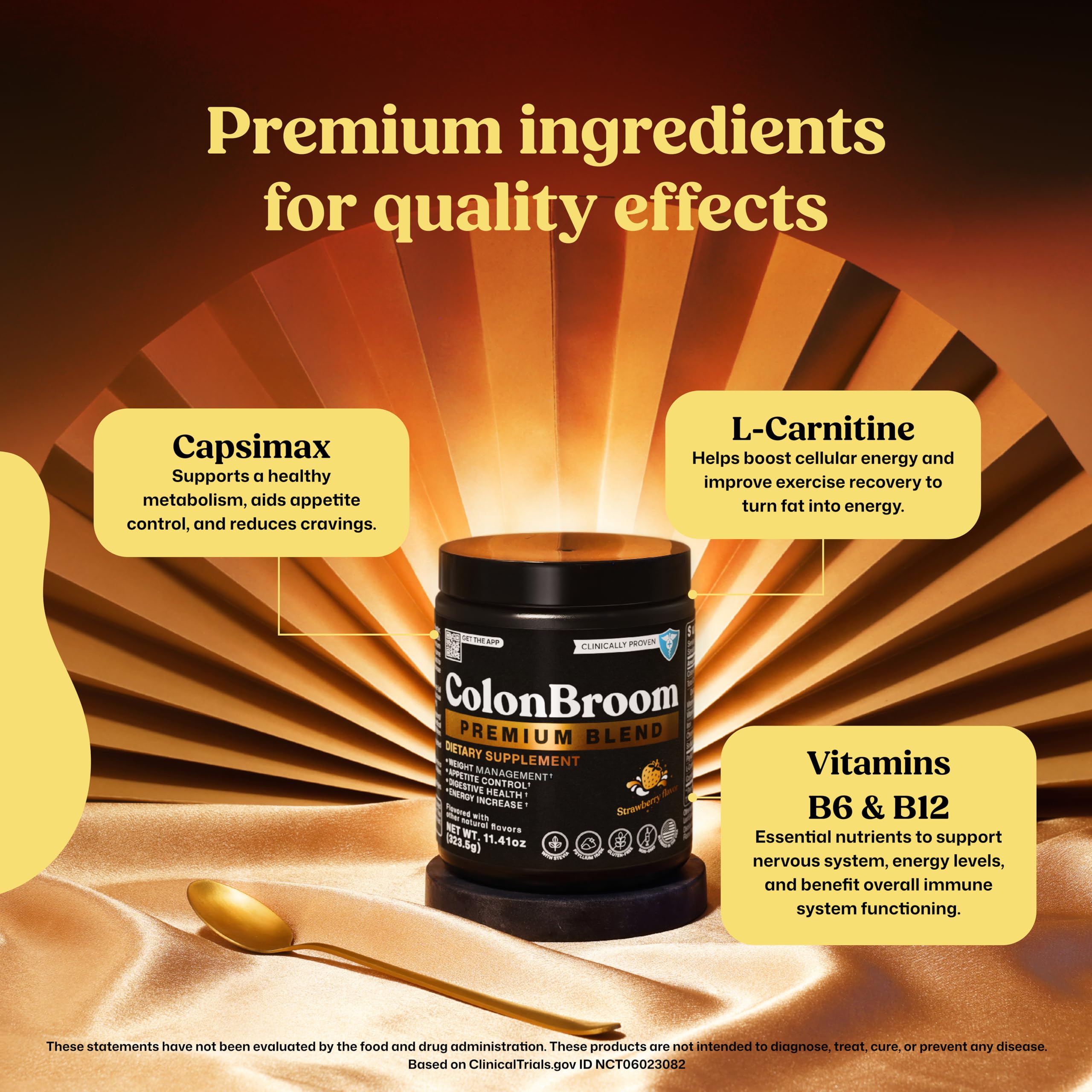 ColonBroom measuring cup dispensing powder into water for a balanced routine.
