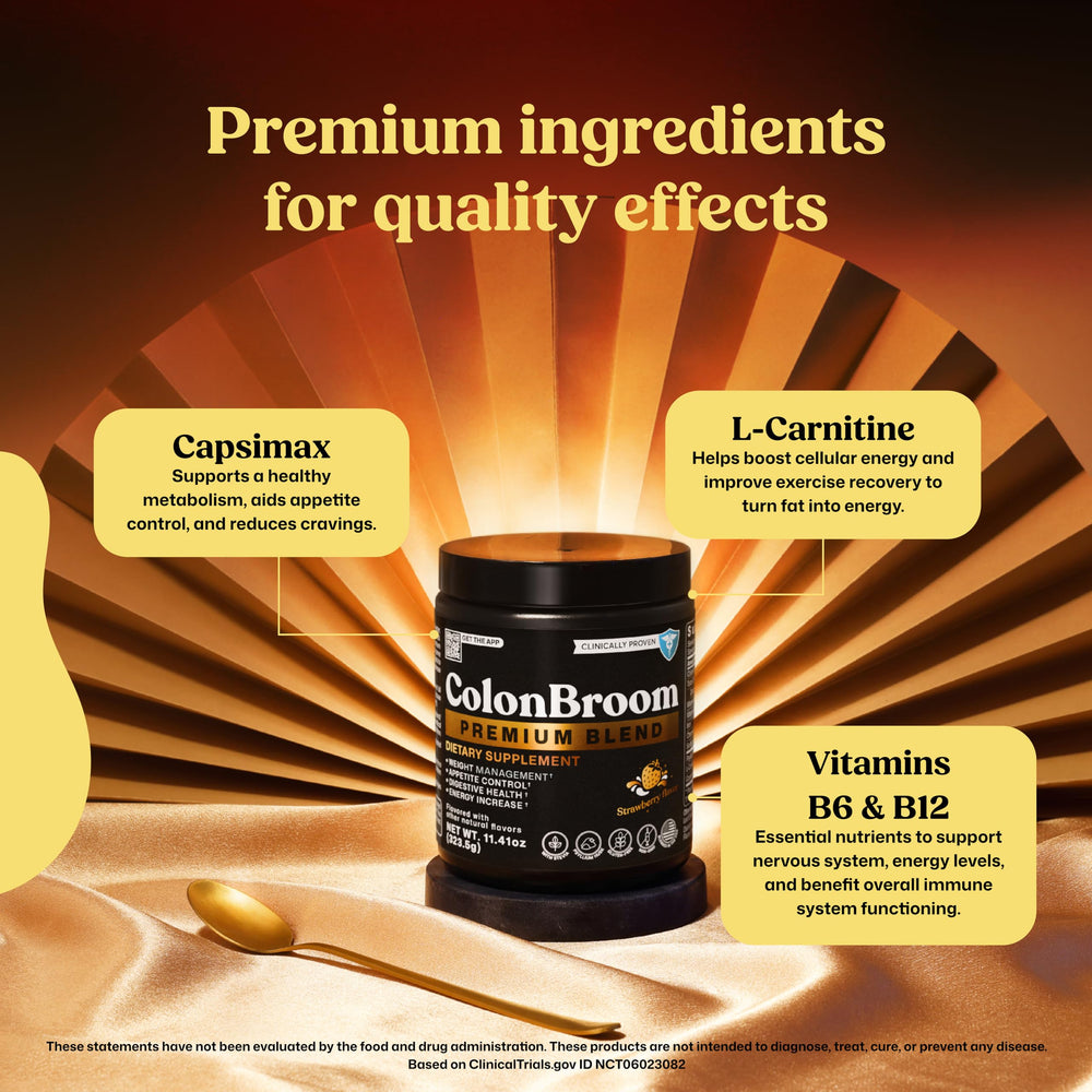 ColonBroom measuring cup dispensing powder into water for a balanced routine.
