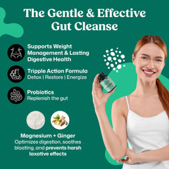 ColonBroom probiotic powder with scoop highlights gut-friendly formula for regularity.