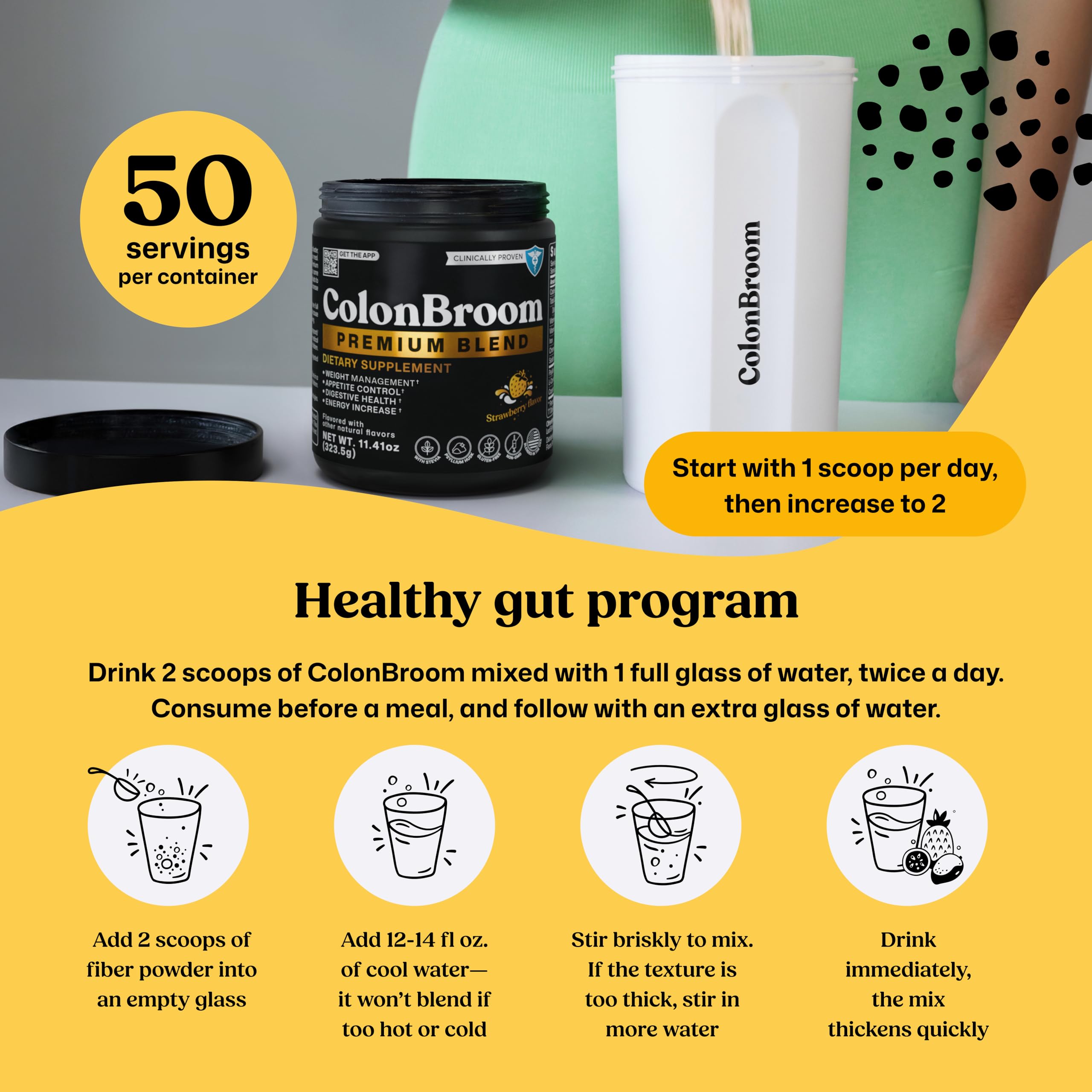 ColonBroom ingredients label emphasizing psyllium husk fiber and clean ingredients.