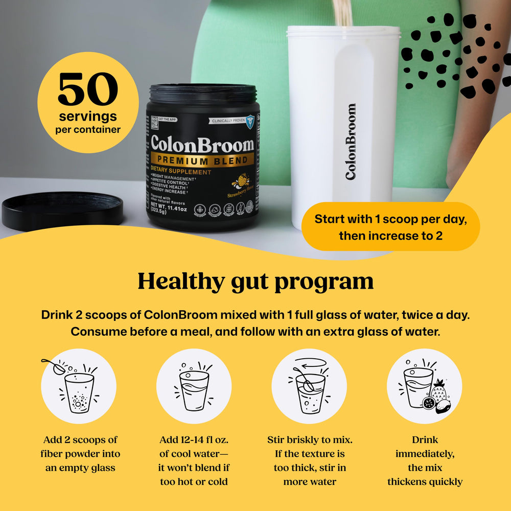 ColonBroom ingredients label emphasizing psyllium husk fiber and clean ingredients.