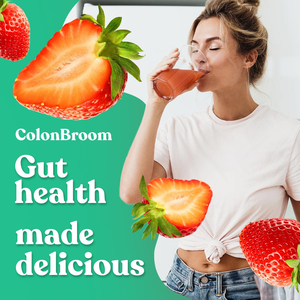 ColonBroom strawberry powder scoop with shake for a refreshing fiber boost