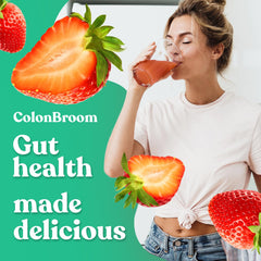 ColonBroom Strawberry psyllium powder mixed in water for a refreshing gut-friendly drink