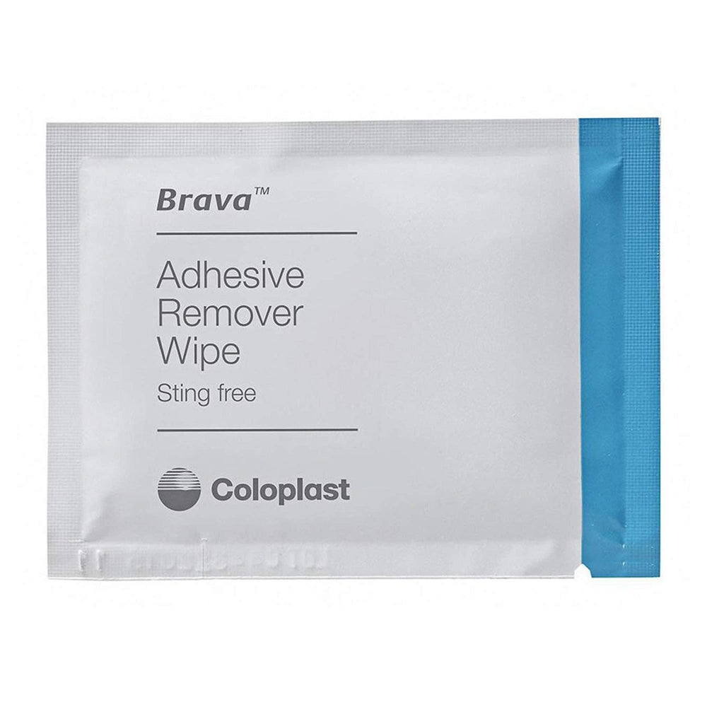 Coloplast Brava Adhesive Remover Wipes close-up highlights gentle silicone-based formula.
