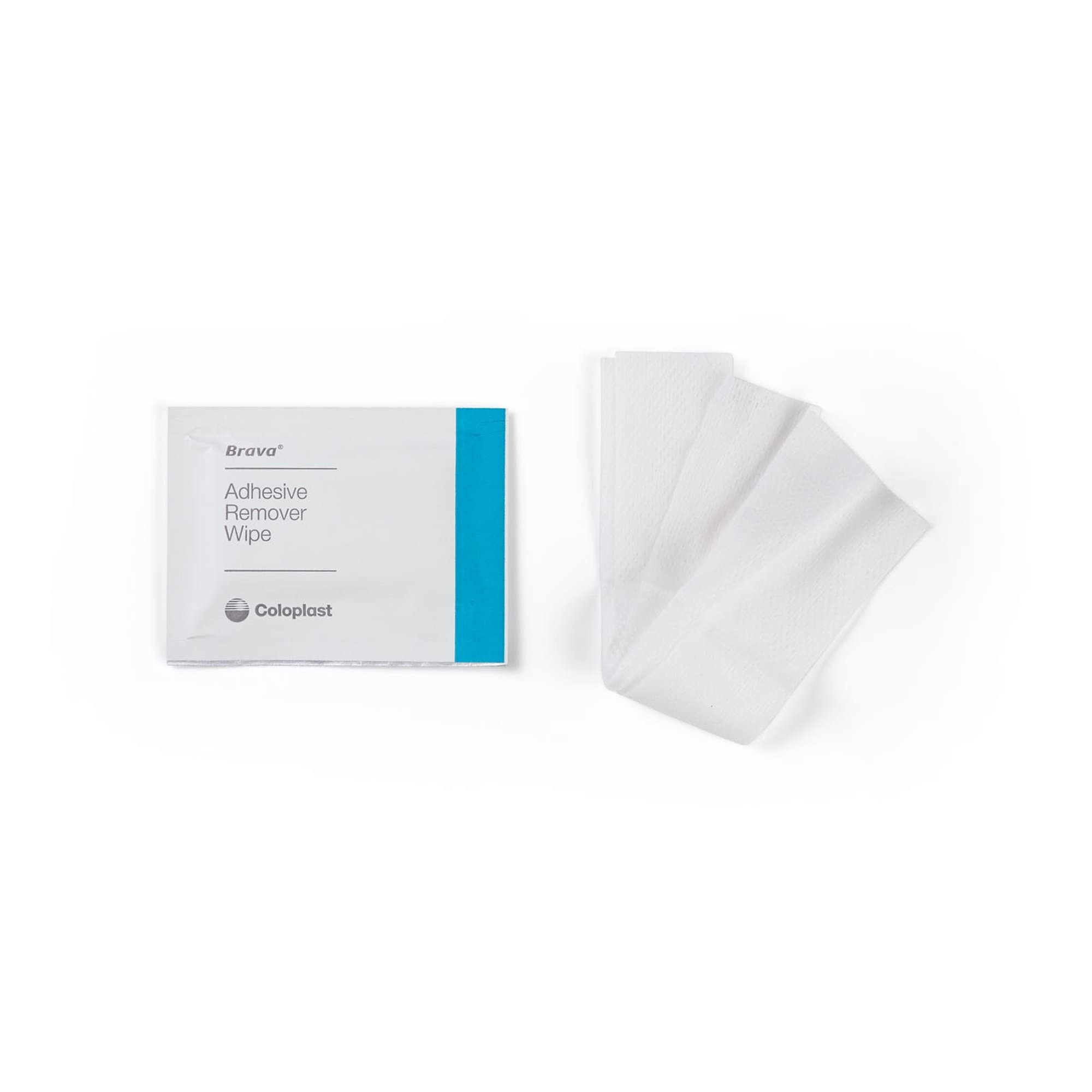 Coloplast Brava Adhesive Remover Wipes package design demonstrates alcohol-free assurance.