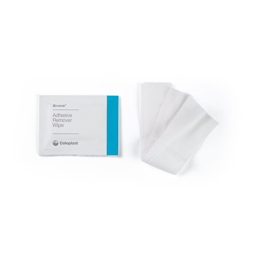 Coloplast Brava Adhesive Remover Wipes package design demonstrates alcohol-free assurance.