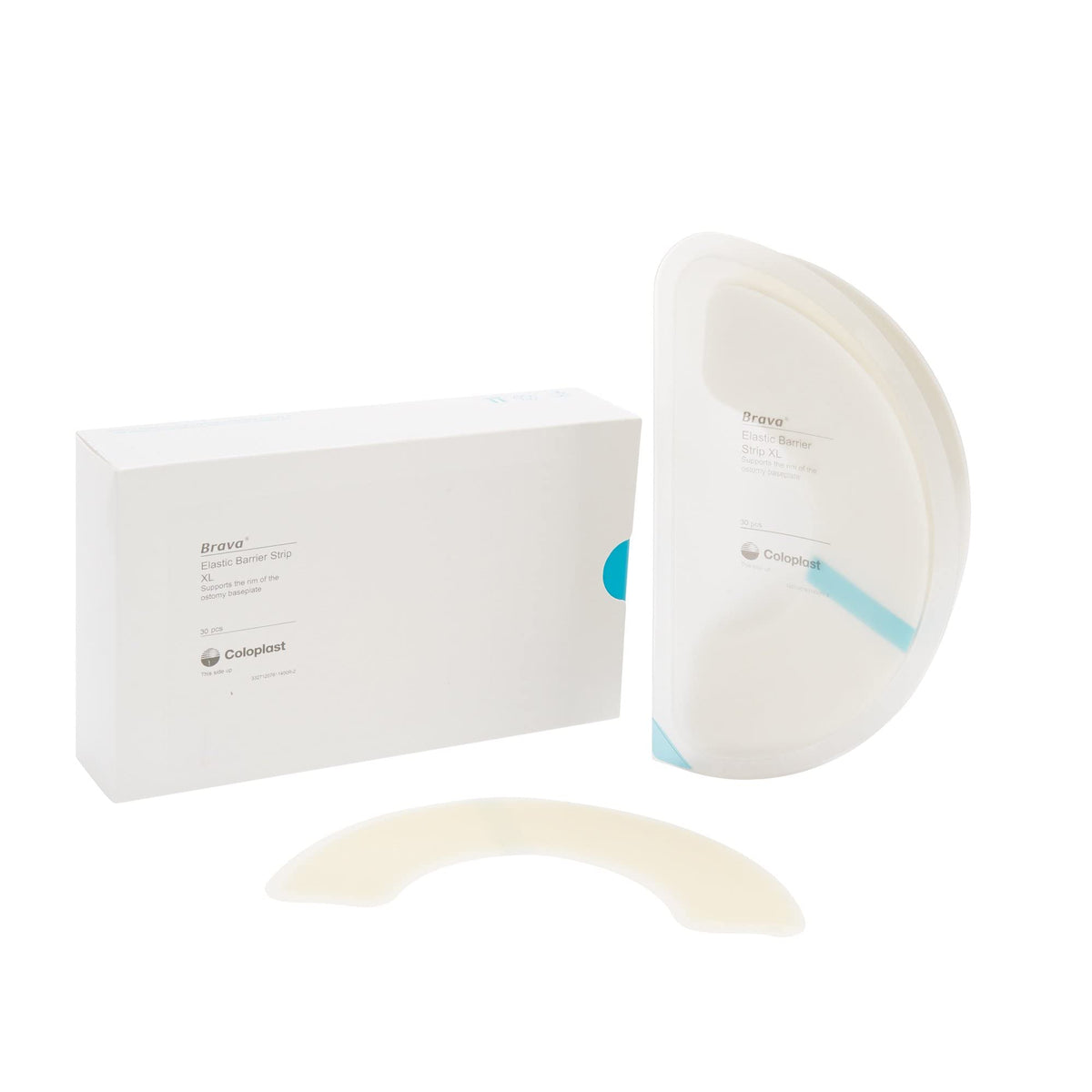 Coloplast Brava Elastic Barrier Strip XL closeup shows elastic adhesive for secure baseplate adhesion.