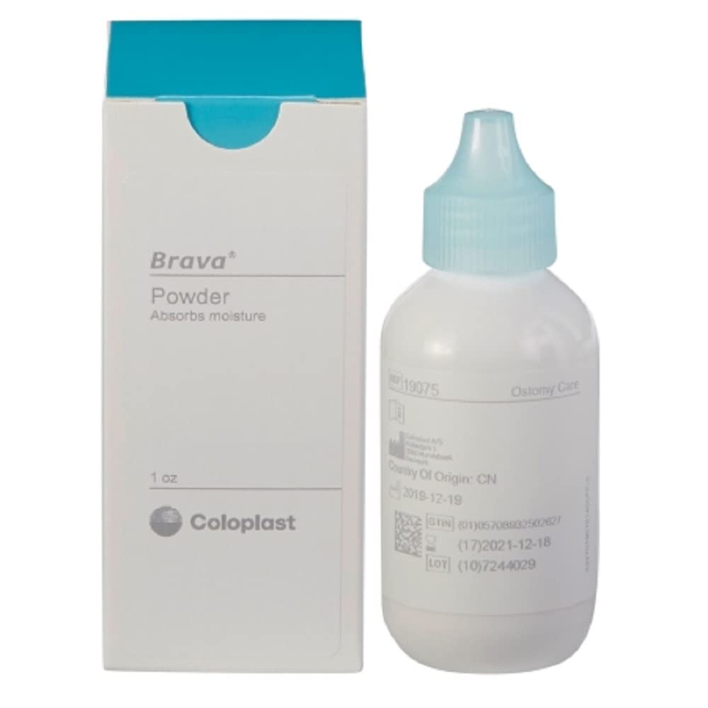 Coloplast Brava Ostomy Barrier Powder 1 oz container showing moisture absorption for secure adhesion.