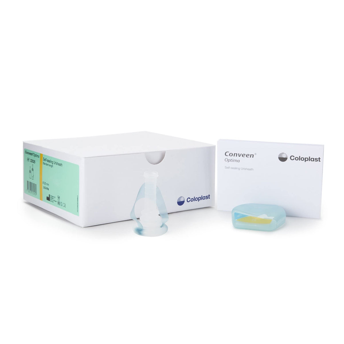 Coloplast Conveen Optima PSX packaging shows 30-box, discreet daily use.