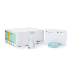 Coloplast Conveen Optima PSX packaging shows 30-box, discreet daily use.