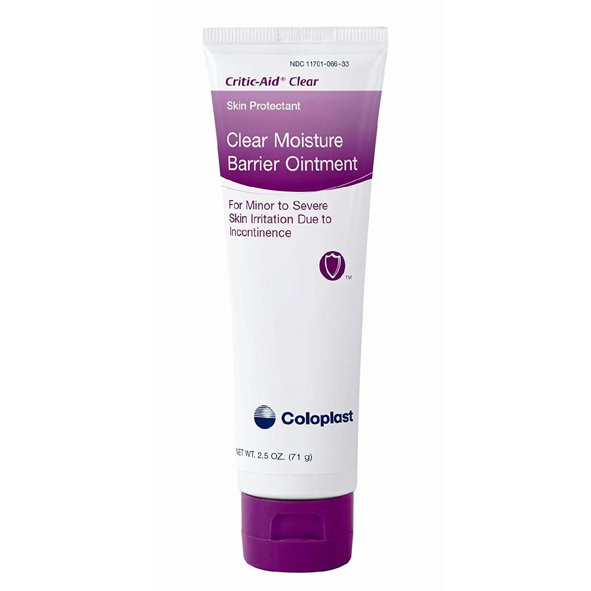 Coloplast Critic-Aid Clear Barrier Ointment in a 2.5 oz jar protects skin from irritants.