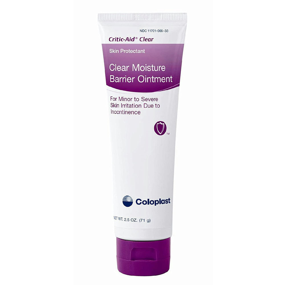 Coloplast Critic-Aid Clear Barrier Ointment in a 2.5 oz jar protects skin from irritants.