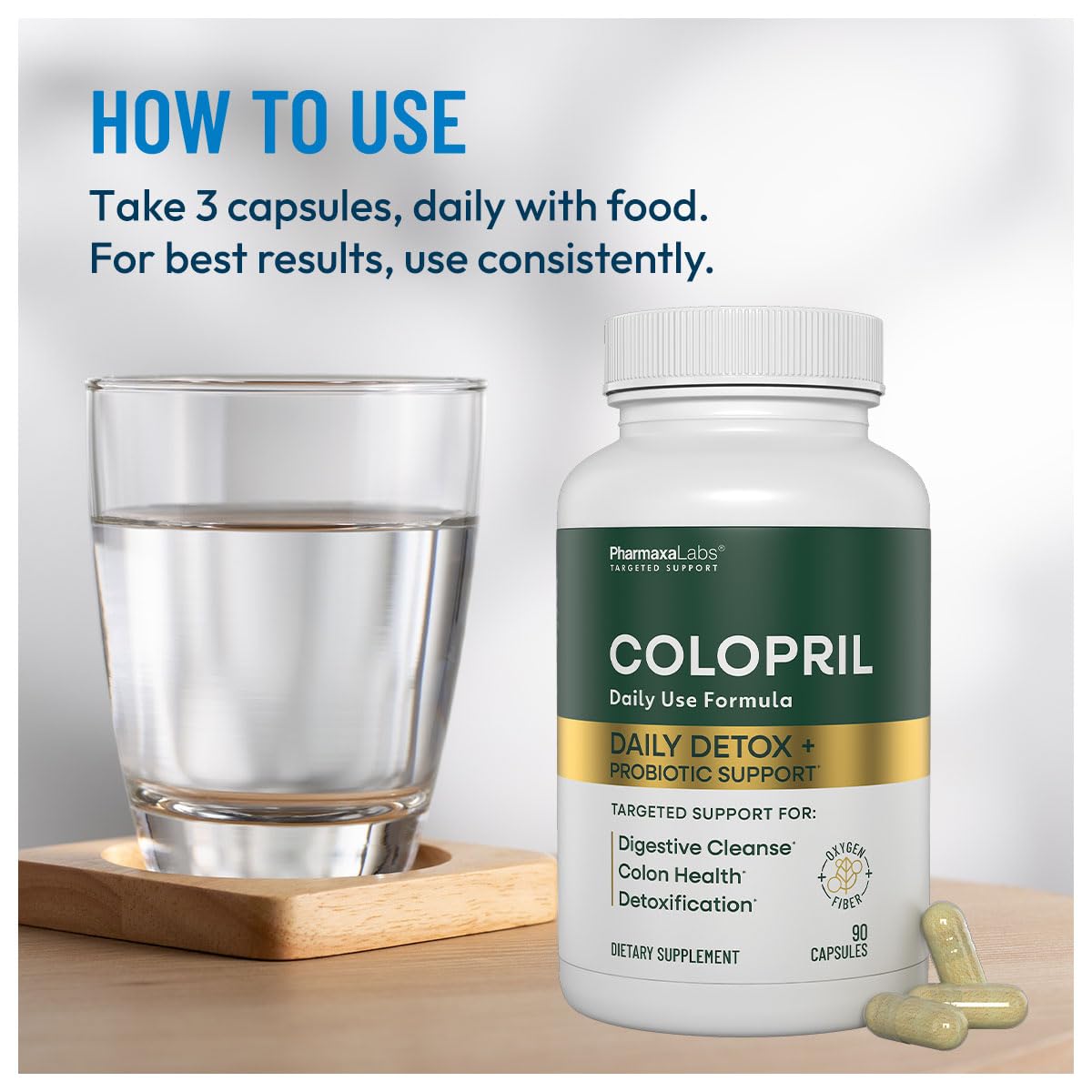 Colopril Colon Cleanse capsules closeup emphasizes convenient daily capsules
