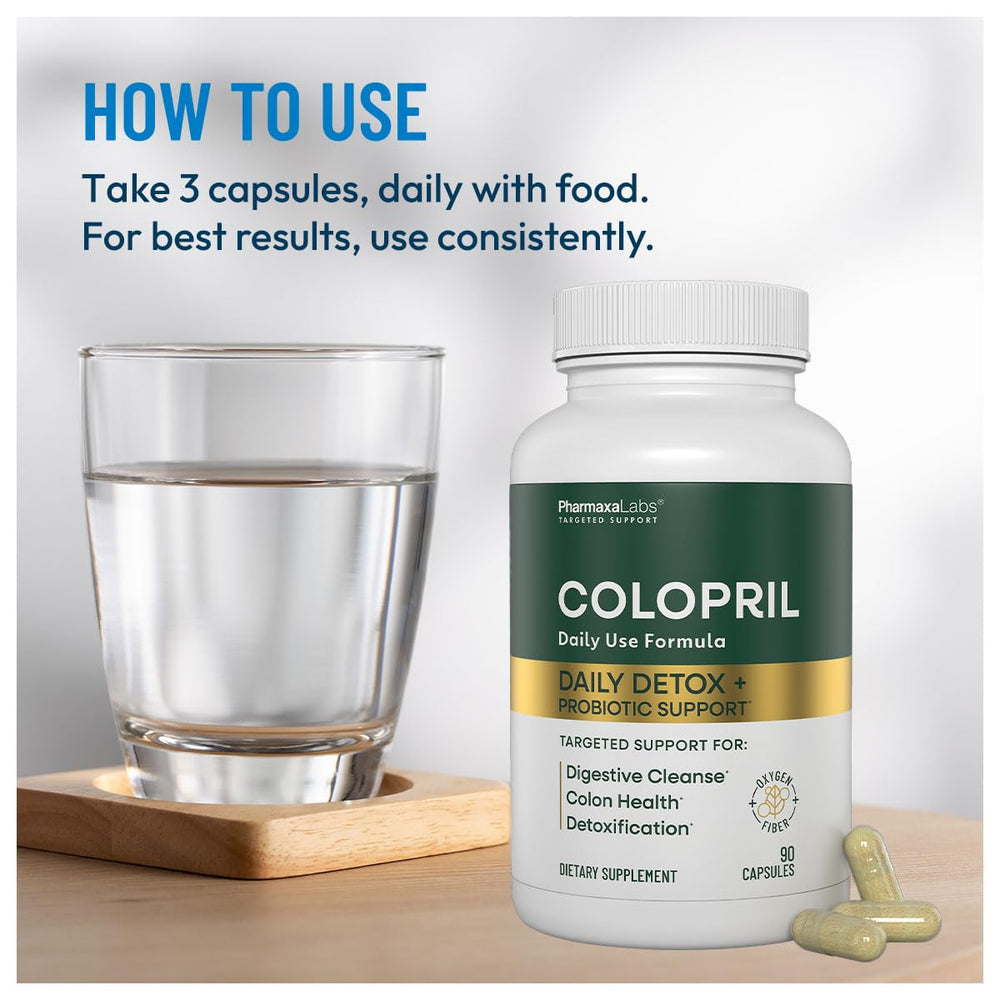 Colopril Colon Cleanse capsules closeup emphasizes convenient daily capsules