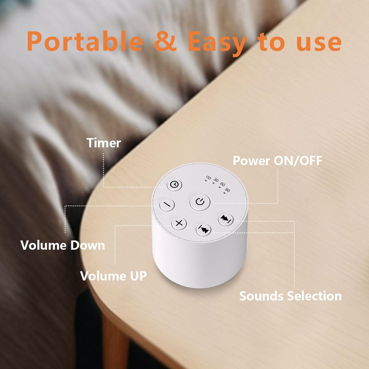 Color Noise Sleep Sound Machine USB charging enables cordless use.