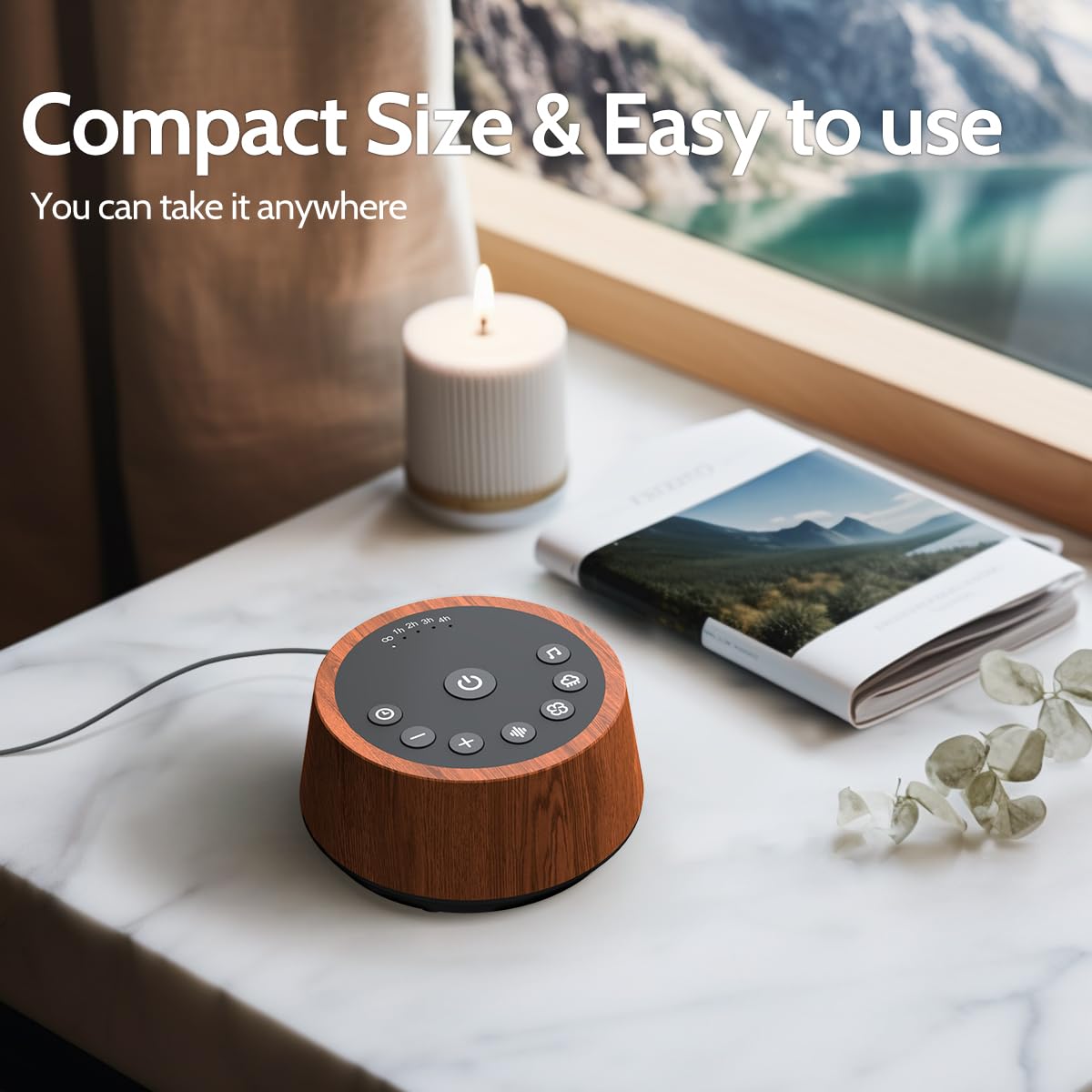 Color Noise Sleep wood bedroom mockup demonstrates integration into a bedtime routine.