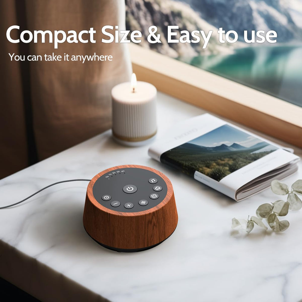 Color Noise Sleep wood bedroom mockup demonstrates integration into a bedtime routine.