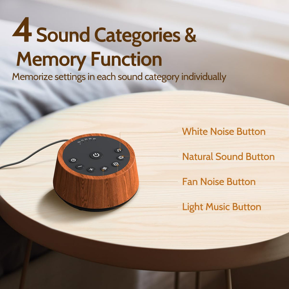 Color Noise Sleep wood button-dials provide tactile control for easy adjustments.